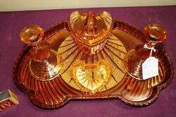 Art Deco 5 piece Amber Glass Trinket Set 