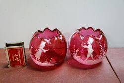 Antique Pair of Ruby Glass Mary Gregory Bowls 