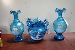Antique Blue Glass Pair of Mary Gregory Vases 