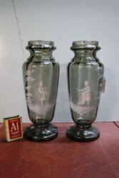 Antique Pair of Smoke Grey Glass Mary Gregory Vases 