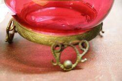 Antique Ruby Glass Hand Enameled Trinket Bowl 