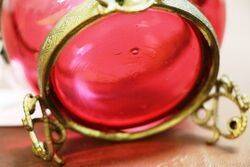 Antique Ruby Glass Hand Enameled Trinket Bowl 