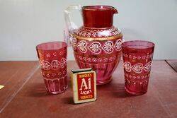 Antique Hand Painted Moser Ruby Glass Jug and 2 Tumblers 