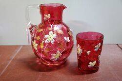 Antique Hand Painted Moser Ruby Glass Jug and Tumbler  