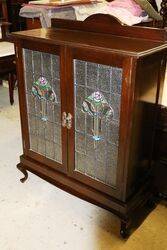 Antique Lead Light Glass 2 Door Dark Walnut Cabinet 