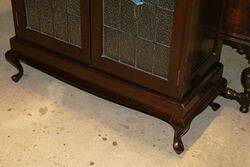 Antique Lead Light Glass 2 Door Dark Walnut Cabinet 