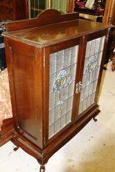 Antique Lead Light Glass 2 Door Dark Walnut Cabinet 