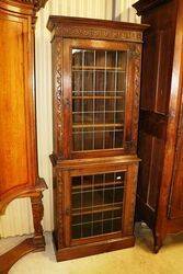 Antique Carved Oak Lead Light Glass Bookcase 