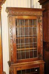 Antique Carved Oak Lead Light Glass Bookcase 