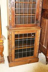 Antique Carved Oak Lead Light Glass Bookcase 