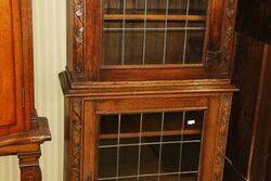 Antique Carved Oak Lead Light Glass Bookcase 