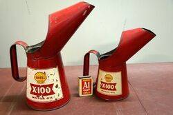 Vintage Pair of SHELL X100 Motor Oil Pourer Jugs 