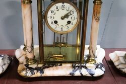 Quality four glass 4 column marble and brass 3 piece clock set 