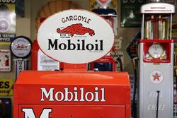 Vintage Mobiloil Single Door Oil Cabinet with Original Enamel Top Sign