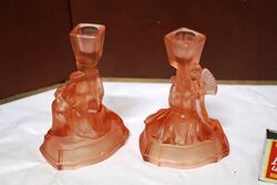 Art Deco Frosted Pink Glass Candlesticks Pierrot and Pierrette