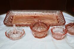 Art Deco 6 piece Pink Glass Trinket Set 