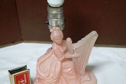 Art Deco Pink Glass Lady Playing Harp Boudoir Lamp 