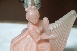 Art Deco Pink Glass Lady Playing Harp Boudoir Lamp 