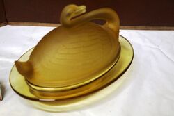 Art Deco Amber Part Frosted Sowerby Glass Swan Butter Dish 