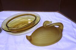 Art Deco Amber Part Frosted Sowerby Glass Swan Butter Dish 