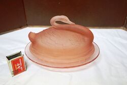 Art Deco Pink Part Frosted Sowerby Glass Swan Butter Dish 