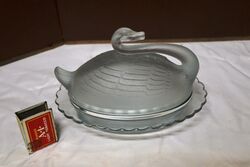 Art Deco Part Frosted Sowerby Glass Swan Butter Dish