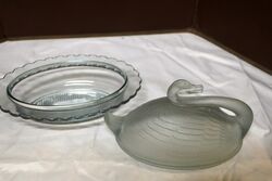 Art Deco Part Frosted Sowerby Glass Swan Butter Dish