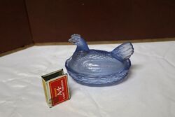 Art Deco Indiana Blue Glass Hen on Nest Basket 