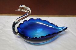 Retro Italian Murano Hand Blown Blue Glass Swan Bowl 