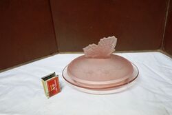 Vintage Art Deco Frosted Pink Glass Butter Dish  