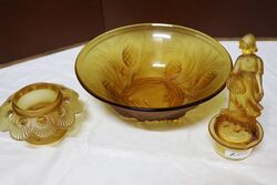 Art Deco Amber Glass Dutch Girl 3Piece Float Bowl 