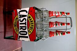 Vintage Castrol Embossed 6 Bottle Rack with Tin Tops