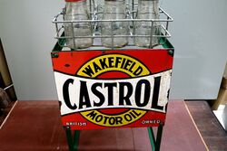 Vintage Castrol Embossed 6 Bottle Rack with Tin Tops