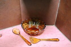 Art Deco Amber Glass Salad Bowl and Servers 