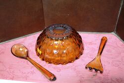 Art Deco Amber Glass Salad Bowl and Servers 