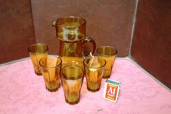 Art Deco Amber Glass Jug with 5 Matching Tumblers