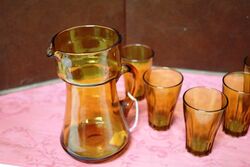 Art Deco Amber Glass Jug with 5 Matching Tumblers