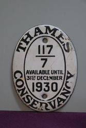 1930 Thames Conservancy Boat Licence Oval Enamel Plaque 