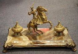 19th Century Gilt + Marble Gaucho Mounted Desk Inkstand C1880