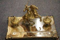 19th Century Gilt + Marble Gaucho Mounted Desk Inkstand C1880