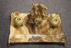 19th Century Gilt + Marble Gaucho Mounted Desk Inkstand C1880