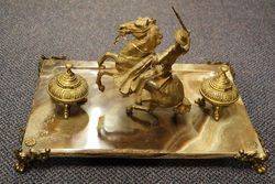 19th Century Gilt + Marble Gaucho Mounted Desk Inkstand C1880