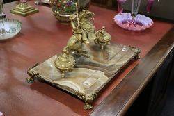 19th Century Gilt + Marble Gaucho Mounted Desk Inkstand C1880