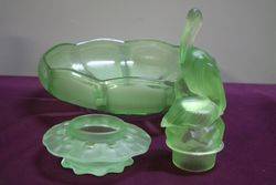 3 Pieces Art Deco Green Uranium Glass Pelican Float Bow