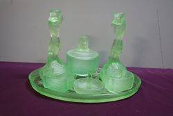 7 Pieces Art Deco Green Uranium Glass Mermaid Trinket Set C1930