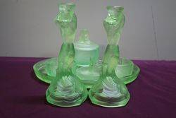 7 Pieces Art Deco Green Uranium Glass Mermaid Trinket Set C1930