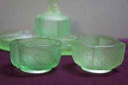 7 Pieces Art Deco Green Uranium Glass Mermaid Trinket Set C1930