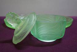 7 Pieces Art Deco Green Uranium Glass Mermaid Trinket Set C1930