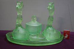 7 Pieces Art Deco Green Uranium Glass Mermaid Trinket Set C1930