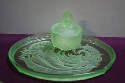 7 Pieces Art Deco Green Uranium Glass Mermaid Trinket Set C1930 